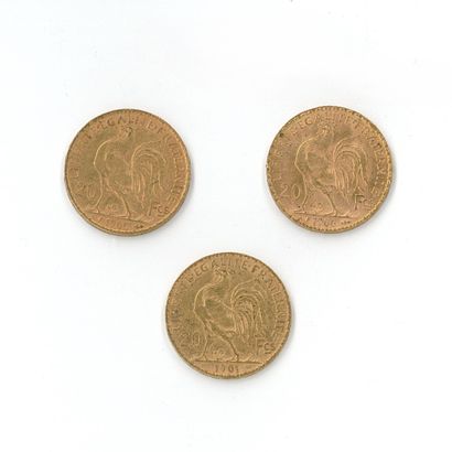 3 monnaies en or : 20 FF coq (1910, 1905...