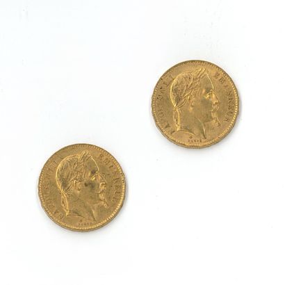 2 monnaies en or : 20 FF Napoléon III tête...