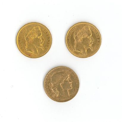 3 monnaies en or : 20 FF Napoléon III tête...