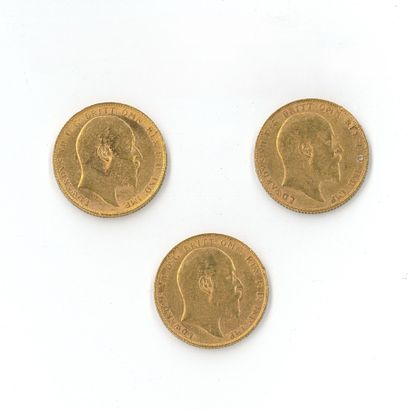 3 monnaies en or : Souverain Edouard VII...