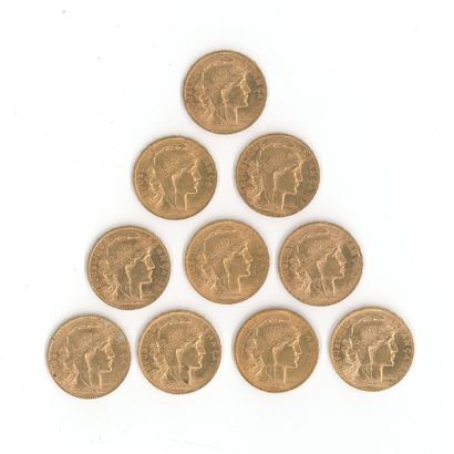 10 monnaies or : 20 FF Coq (1904 x 9, 1906...