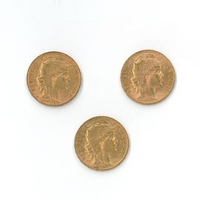 3 monnaies en or : 20 FF coq (1910, 1905...