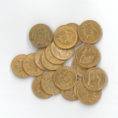 20 monnaies or : 20 FF Napoléon III tête...