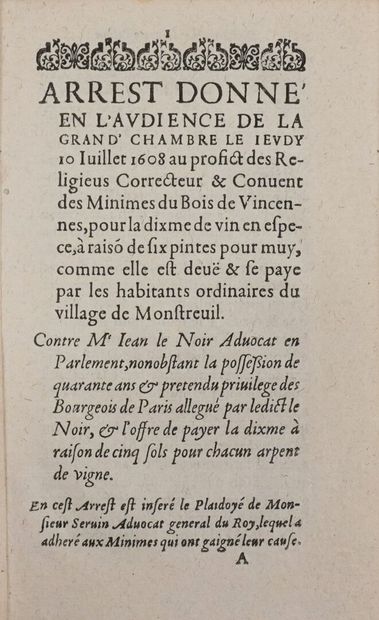 [VINCENNES and MONTREUIL]. Arrest donné en...