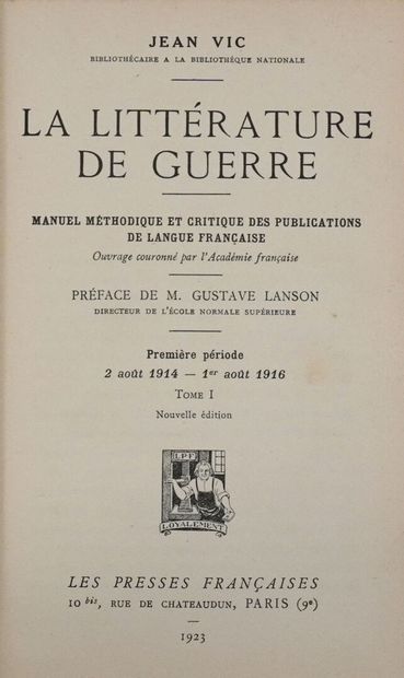 VIC (Jean). War literature. Manuel méthodique...
