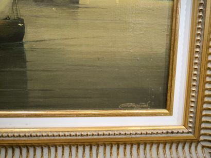 Ecole Russe. Bateaux près d'une ville. Toile....