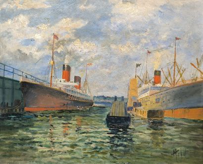 . Paquebots au port. Peinture sur toile,...
