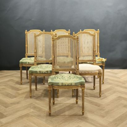 Suite of 6 chairs in gilded wood, upholstered...