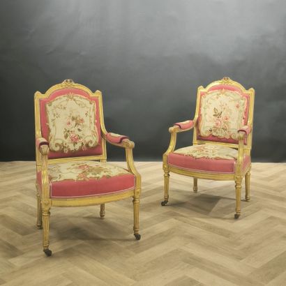 Pair of gilded wood armchairs, ribbon decoration,...