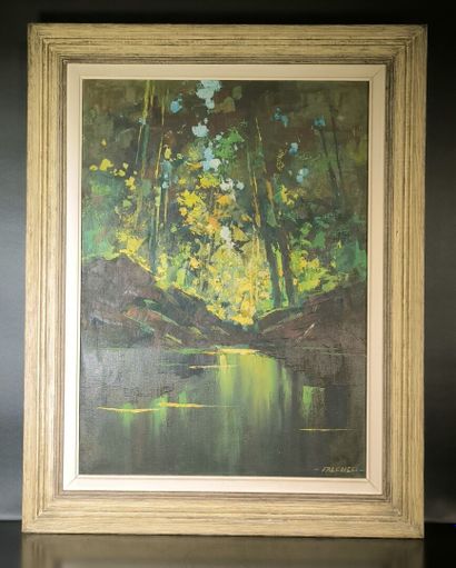 Robert FALCUCCI (1900-1989). Rivière en sous-bois....