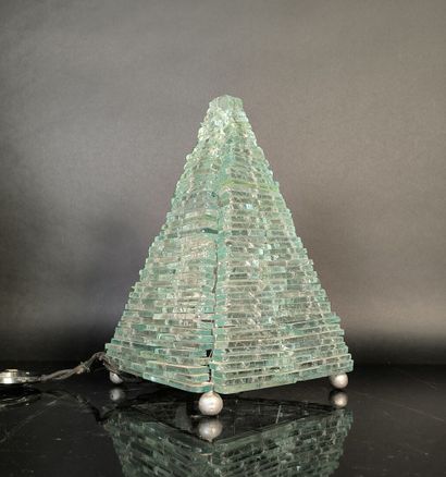 Pyramid lamp made of blue-green glass slats...