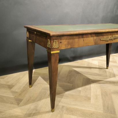 Veneered desk, opening with three belted...