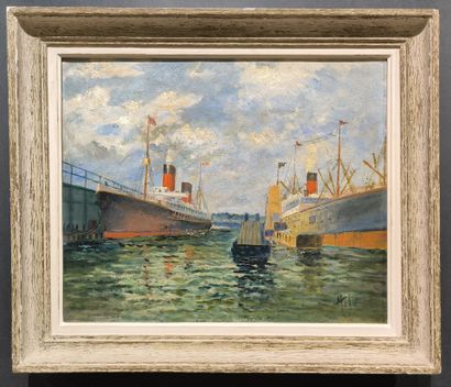 . Paquebots au port. Peinture sur toile,...