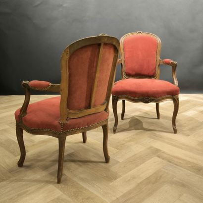 Pair of armchairs in natural wood, red velvet...