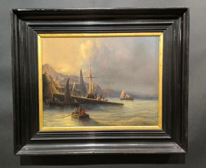 Ecole du XIXème. Bateaux près d'une côte....