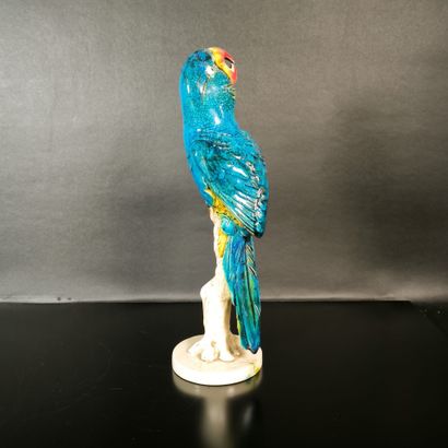 Polychrome porcelain parrot. Signed. Height:...
