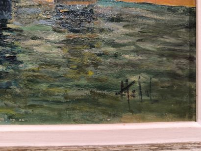 . Paquebots au port. Peinture sur toile,...