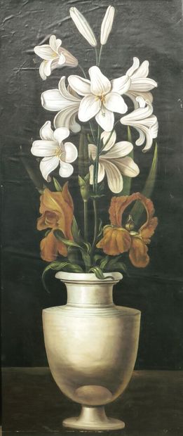 Anonyme, XXème siècle. Vases de lys et d'iris....