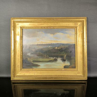 Ecole du XIXème. Rivière. Huile sur toile....