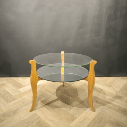 Round pedestal table in wood, mirror and...