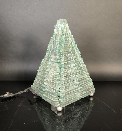 Pyramid lamp made of blue-green glass slats...