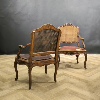 Pair of armchairs in carved wood with fleururette...
