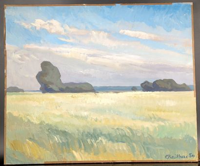 REILHAC. Field. Painting on cardboard, signed...