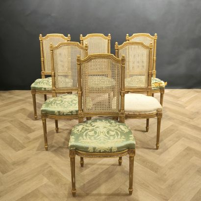 Suite of 6 chairs in gilded wood, upholstered...