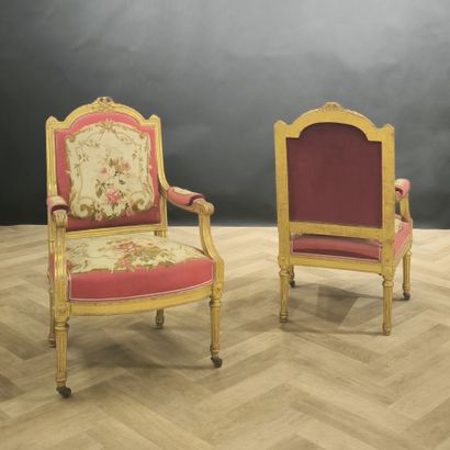 Pair of gilded wood armchairs, ribbon decoration,...