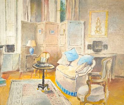 Anonyme, XXème siècle. Salon bleu. Huile...