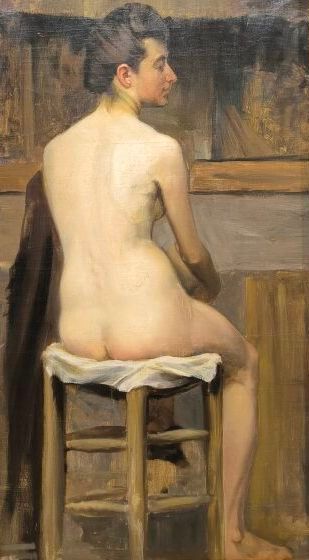 Nu assis de dos. Peinture sur toile vers...