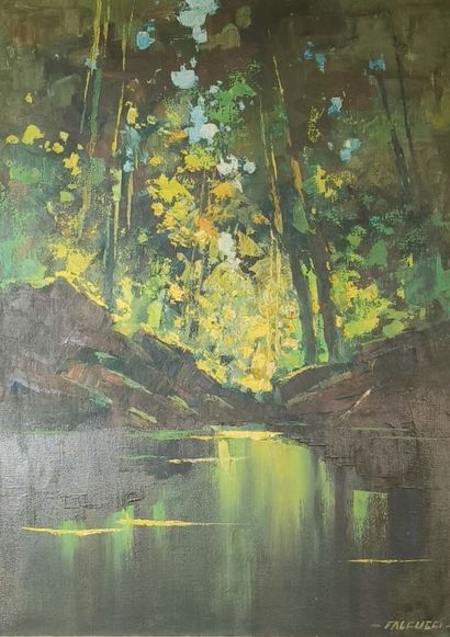 Robert FALCUCCI (1900-1989). Rivière en sous-bois....
