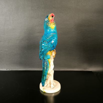 Polychrome porcelain parrot. Signed. Height:...