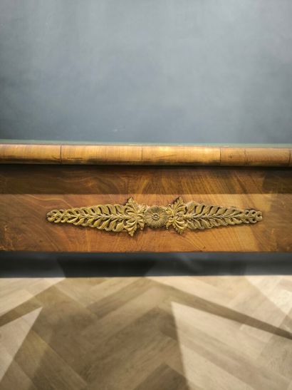 Veneered desk, opening with three belted...