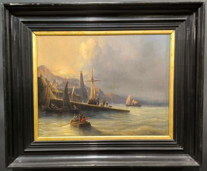Ecole du XIXème. Bateaux près d'une côte....
