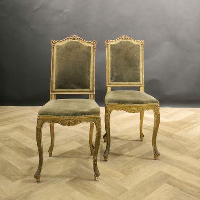 . Pair of chairs, green velvet upholstery,...