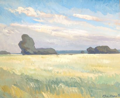 REILHAC. Field. Painting on cardboard, signed...