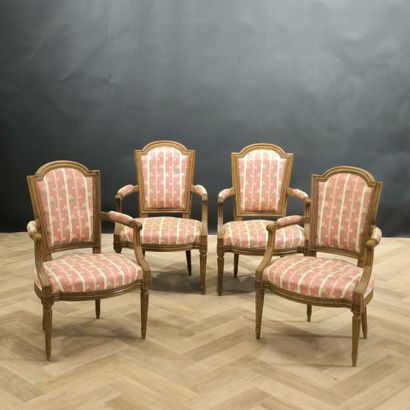Suite of 4 armchairs in natural wood, tapered...