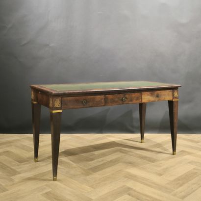 Veneered desk, opening with three belted...