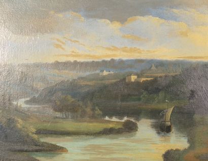 Ecole du XIXème. Rivière. Huile sur toile....
