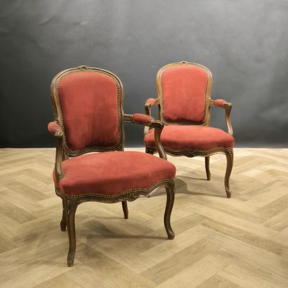 Pair of armchairs in natural wood, red velvet...