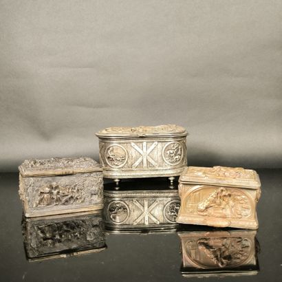 3 silver-plated metal boxes, relief decoration,...