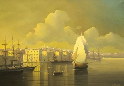 Ecole Russe. Bateaux près d'une ville. Toile....