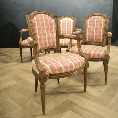 Suite of 4 armchairs in natural wood, tapered...