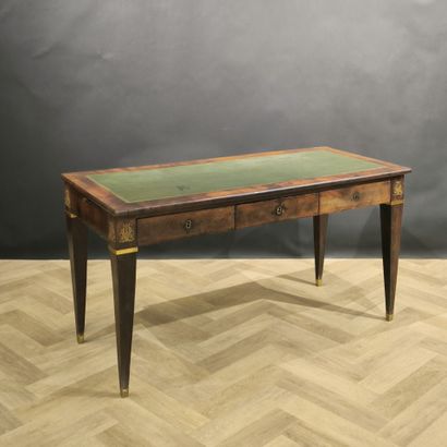 Veneered desk, opening with three belted...