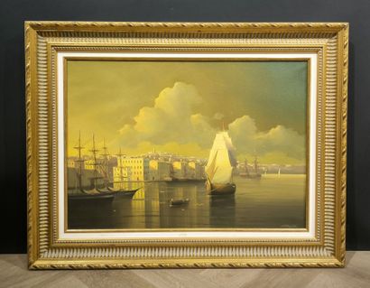 Ecole Russe. Bateaux près d'une ville. Toile....