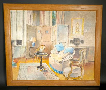Anonyme, XXème siècle. Salon bleu. Huile...