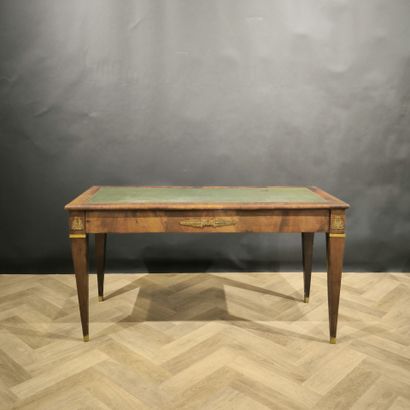 Veneered desk, opening with three belted...