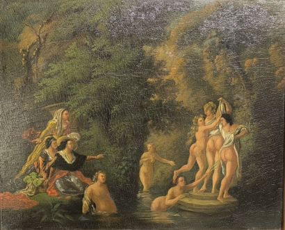Anonyme, XIXème. Baigneuses. Huile sur panneau....