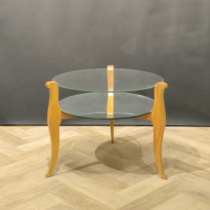 Round pedestal table in wood, mirror and...